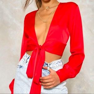 Nasty Gal Red Satin tie front top